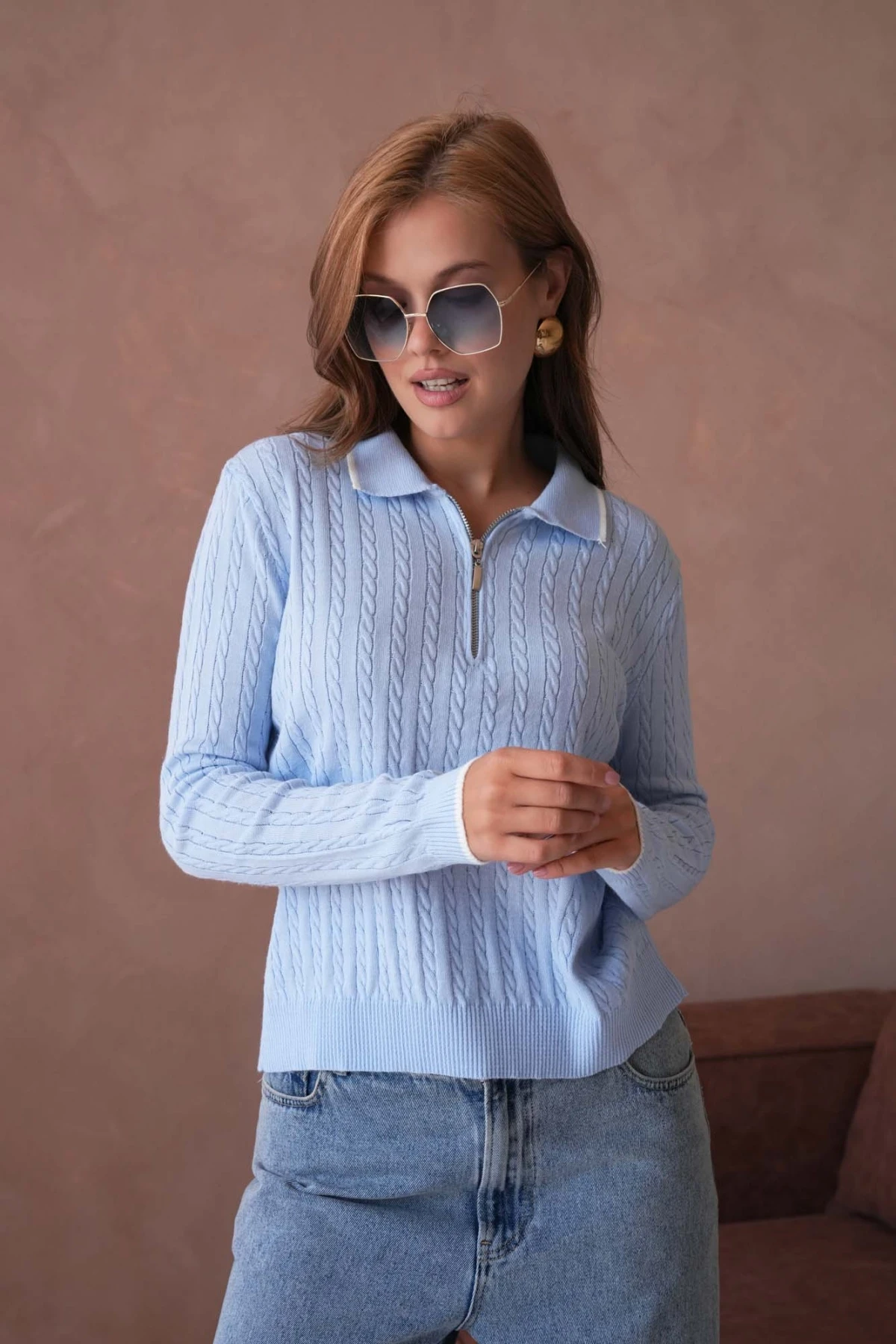 Kadın Polo Yaka Fermuar Detay Triko Kazak