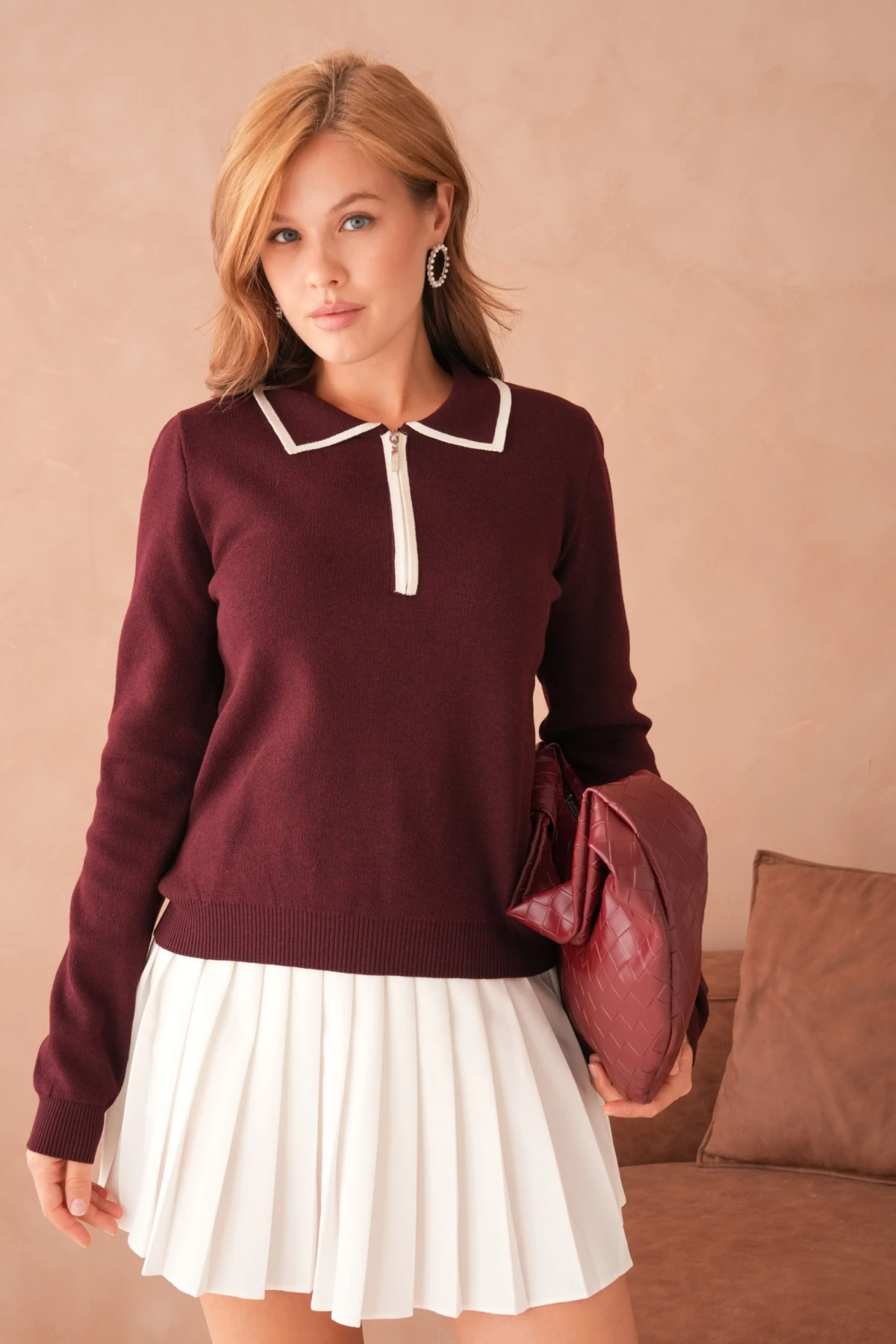 Kadın Polo Yaka Fermuar Detay Triko Kazak