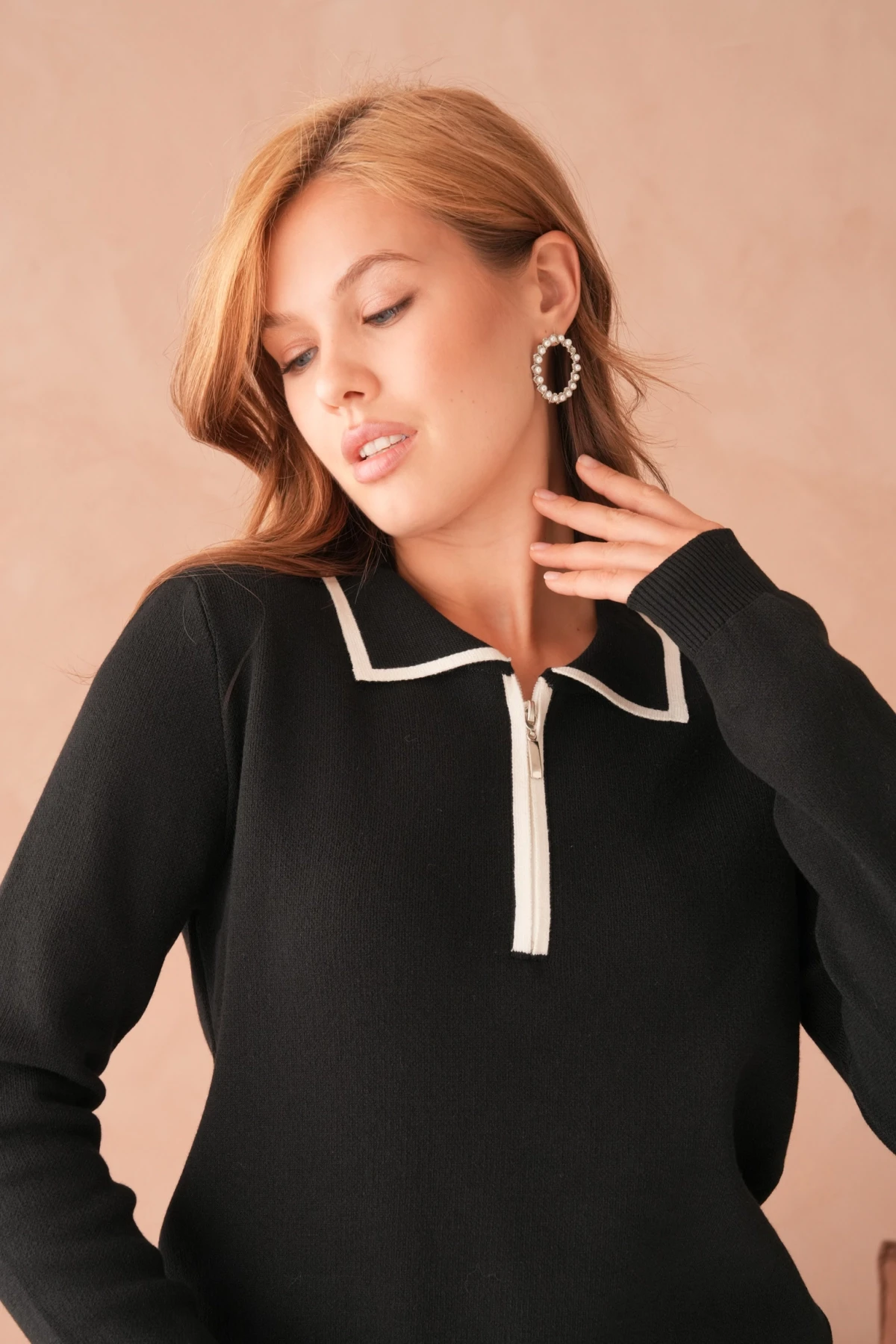 Kadın Polo Yaka Fermuar Detay Triko Kazak