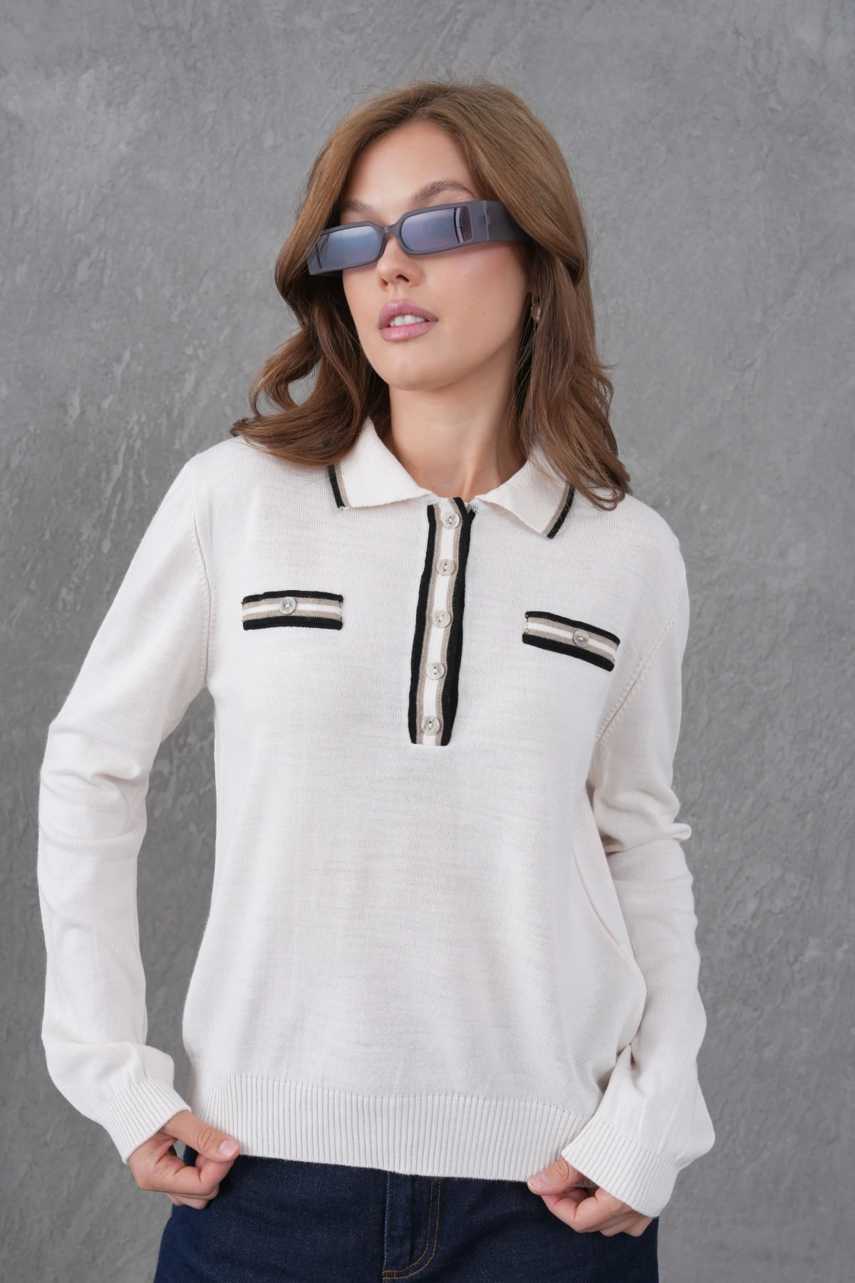 Kadın Polo Yaka Garni Detay Triko Kazak