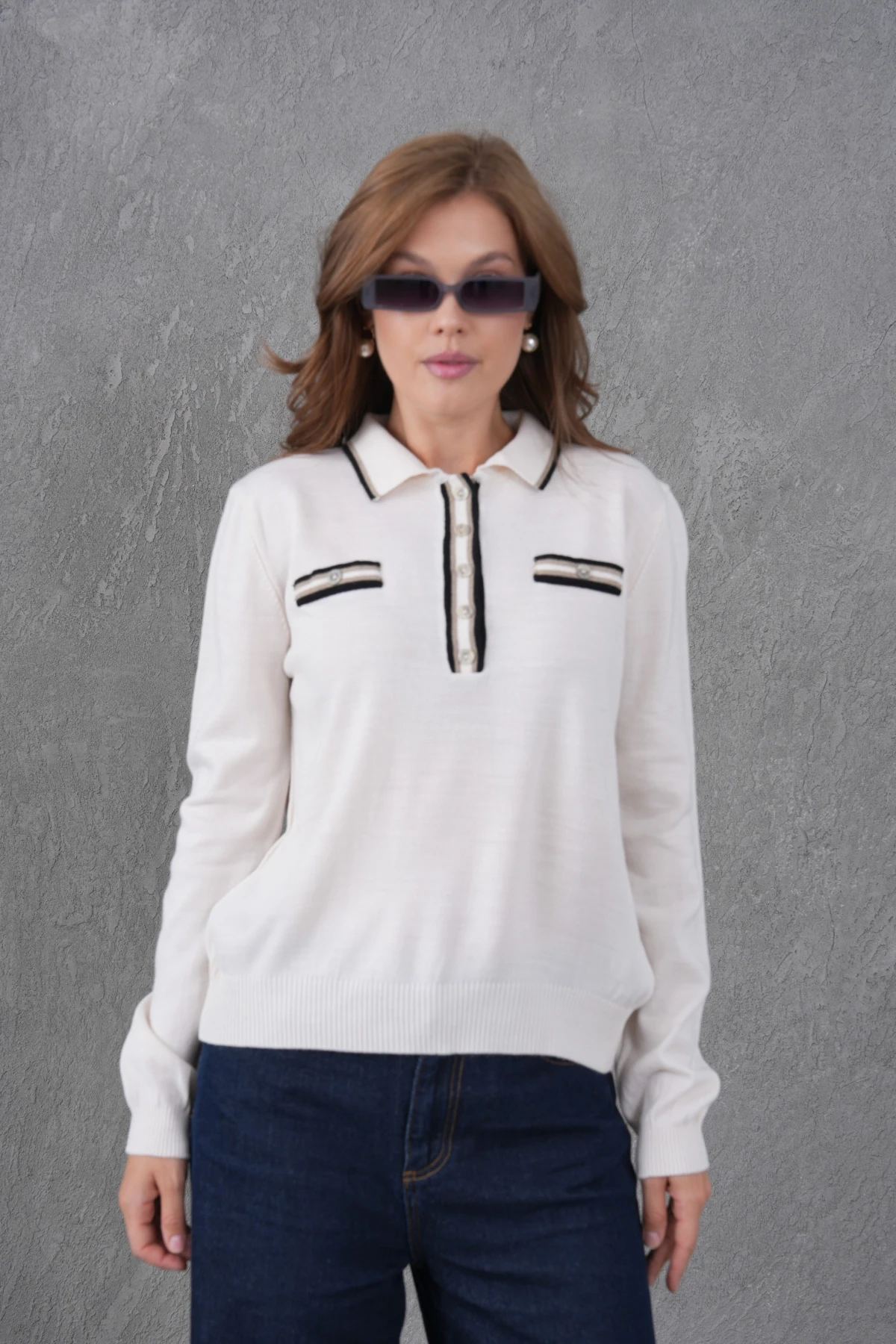 Kadın Polo Yaka Garni Detay Triko Kazak