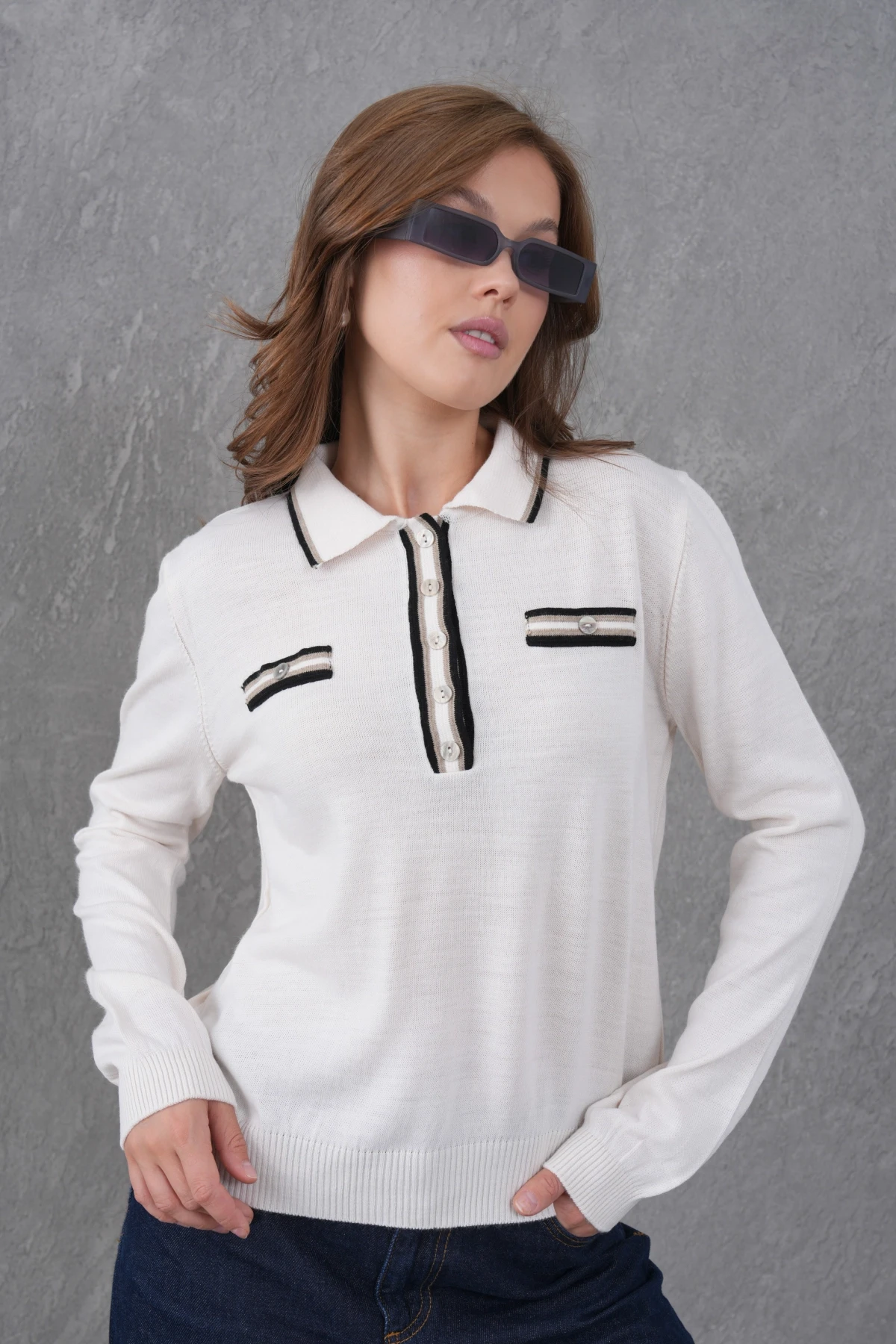 Kadın Polo Yaka Garni Detay Triko Kazak