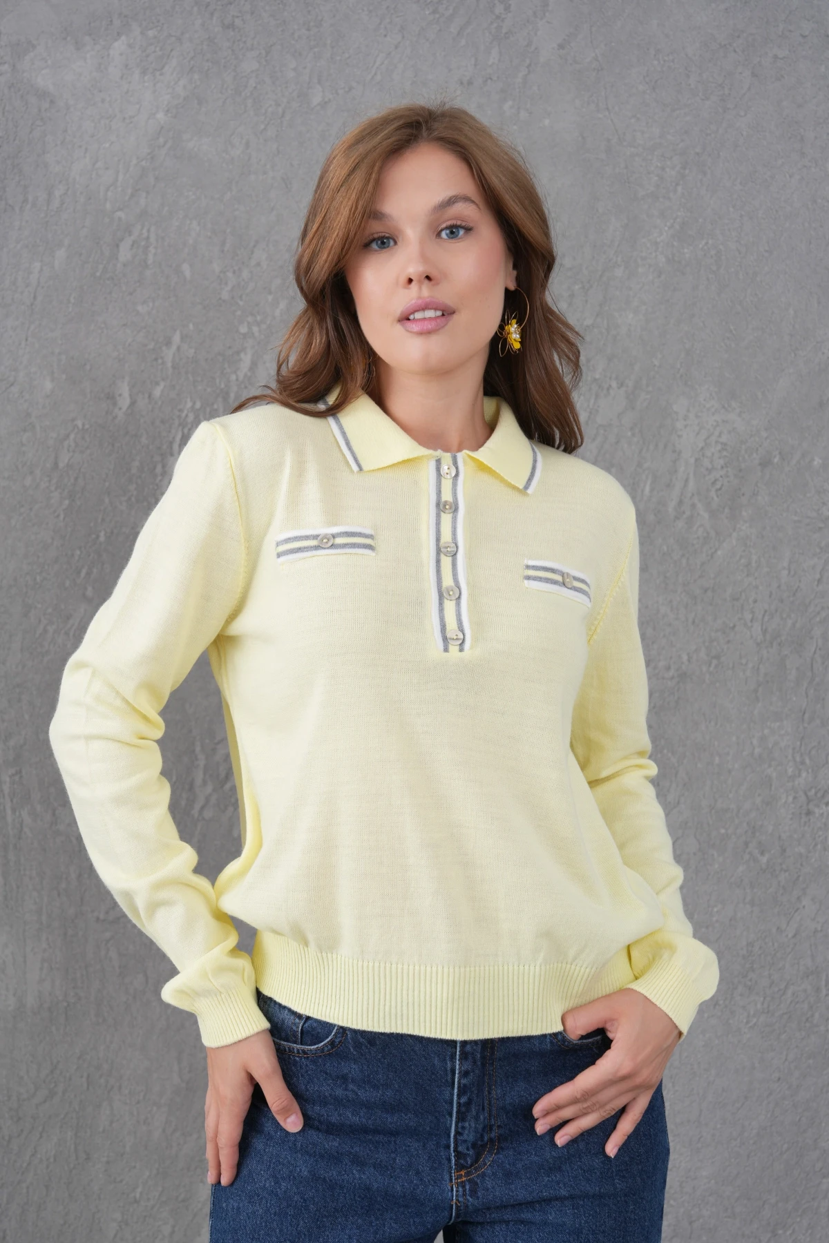 Kadın Polo Yaka Garni Detay Triko Kazak