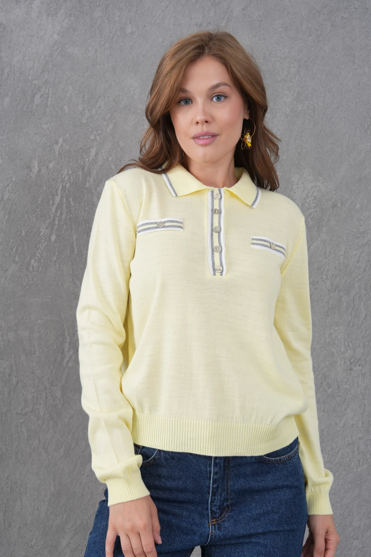 Kadın Polo Yaka Garni Detay Triko Kazak