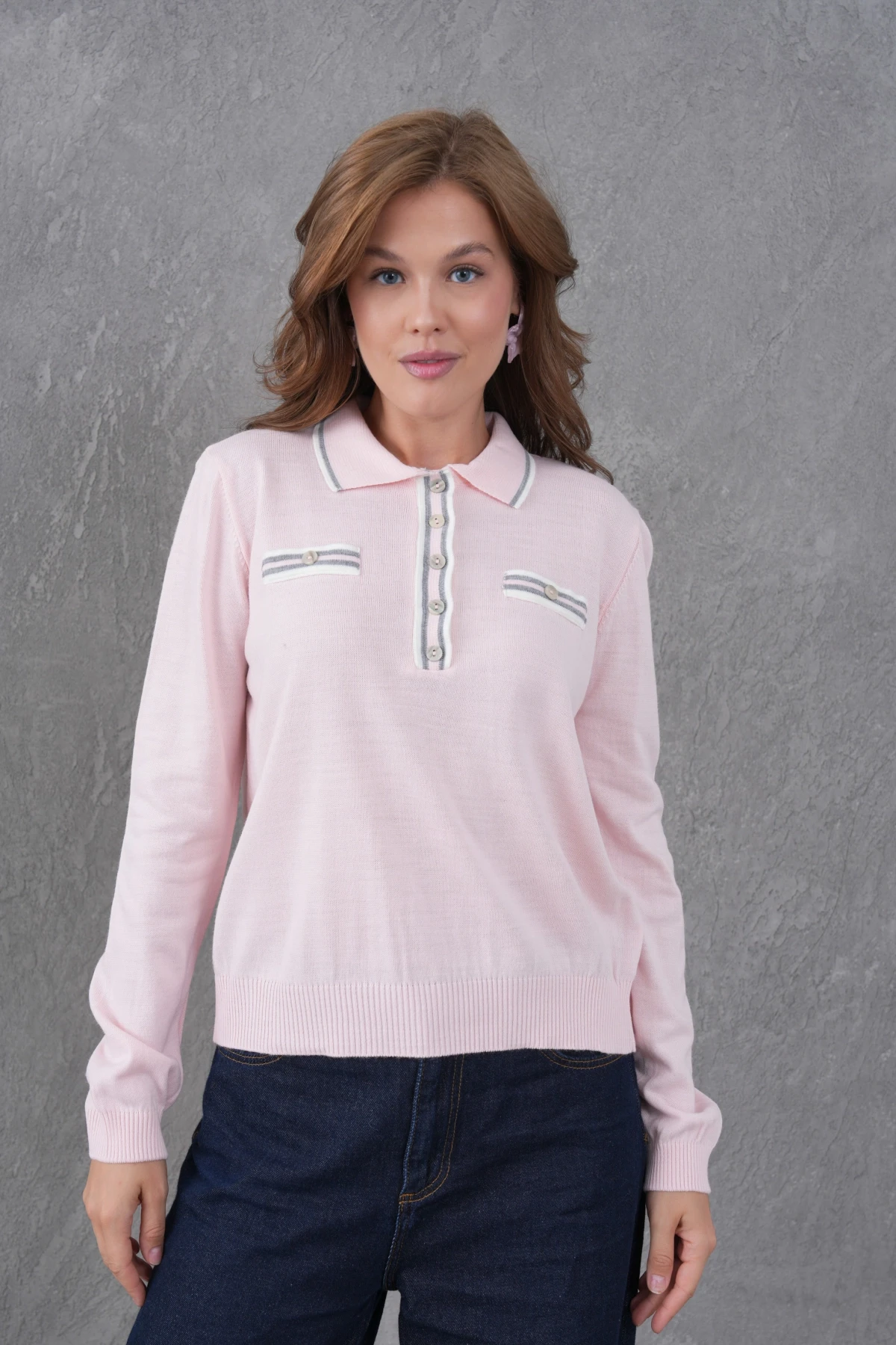 Kadın Polo Yaka Garni Detay Triko Kazak