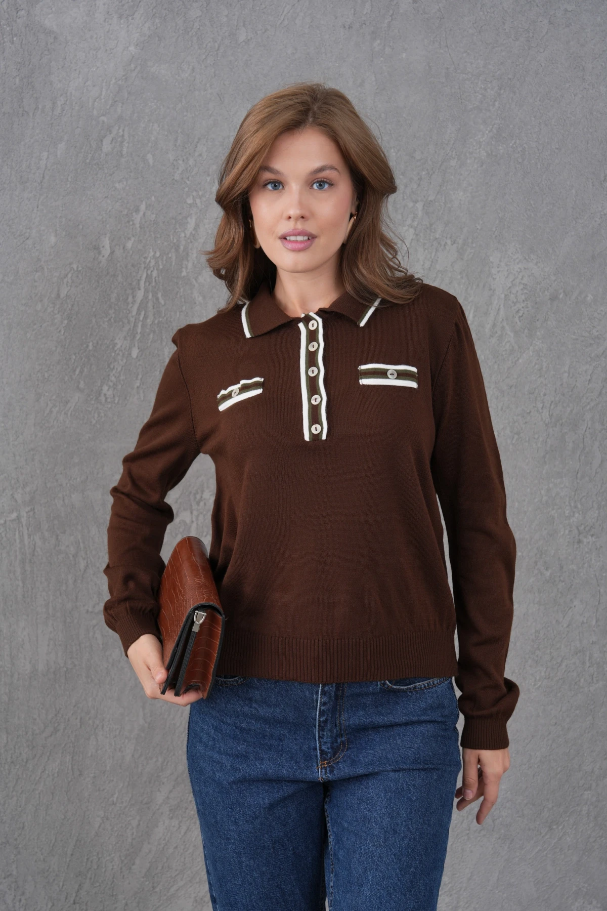 Kadın Polo Yaka Garni Detay Triko Kazak