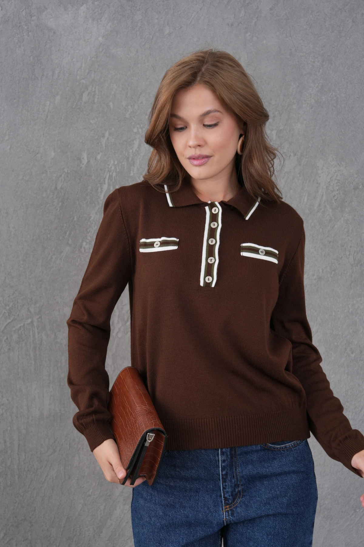 Kadın Polo Yaka Garni Detay Triko Kazak