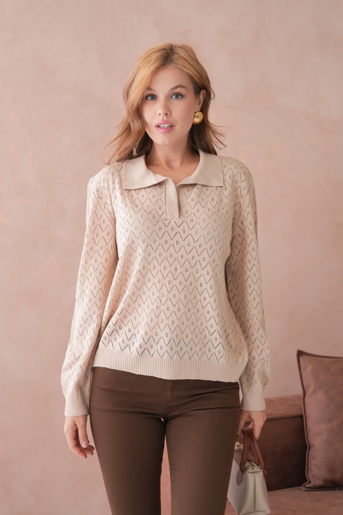 Kadın Polo Yaka Örgü Detay Oversize Triko Kazak