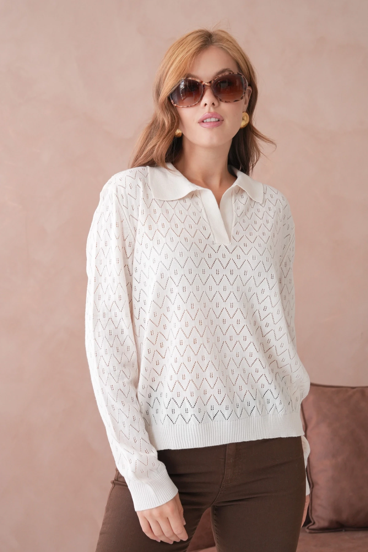 Kadın Polo Yaka Örgü Detay Oversize Triko Kazak