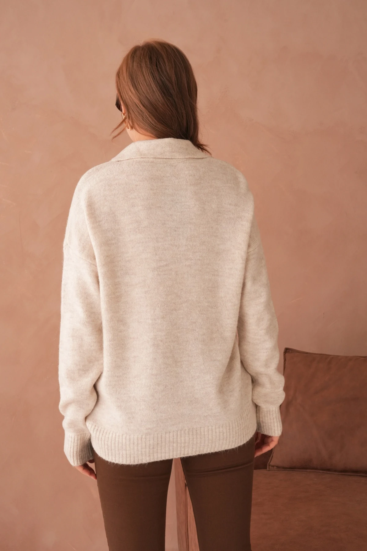 Kadın Polo Yaka Oversize Triko Kazak