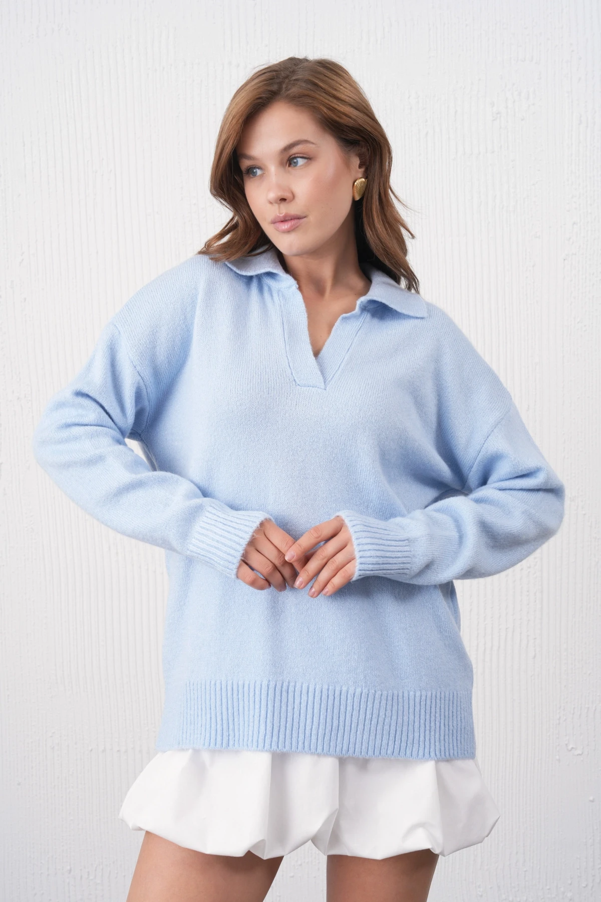 Kadın Polo Yaka Oversize Triko Kazak