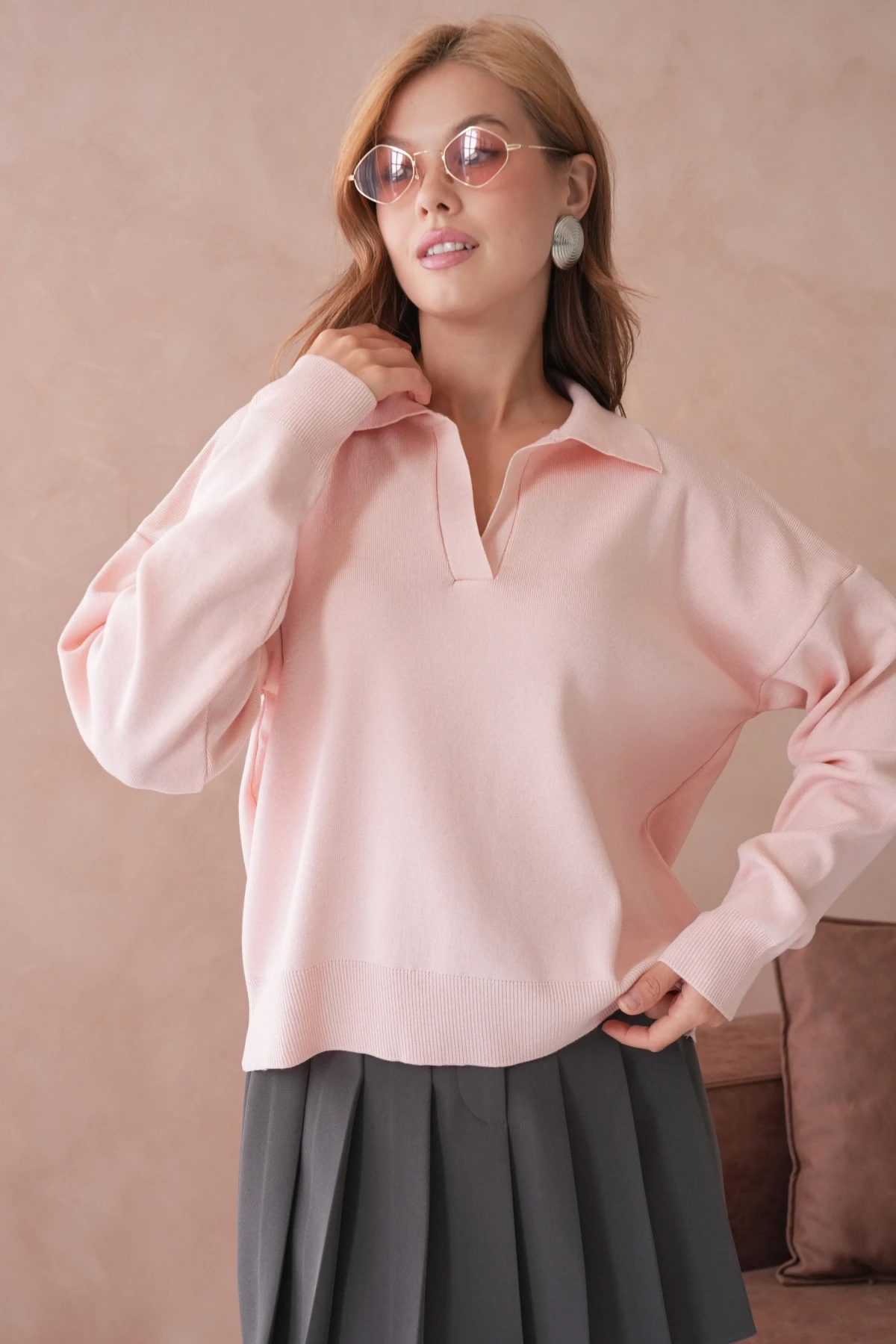 Kadın Polo Yaka Oversize Triko Kazak