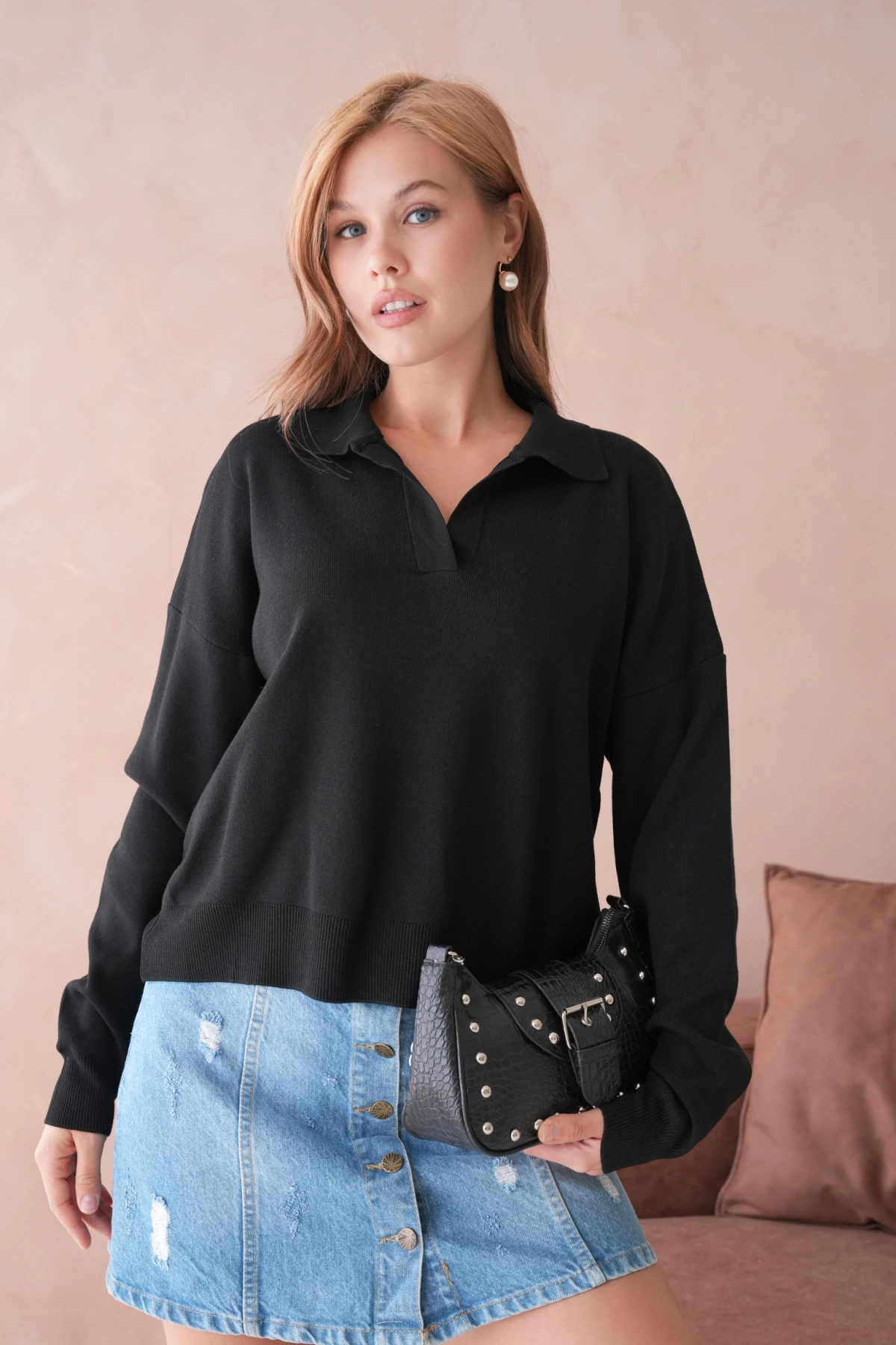 Kadın Polo Yaka Oversize Triko Kazak