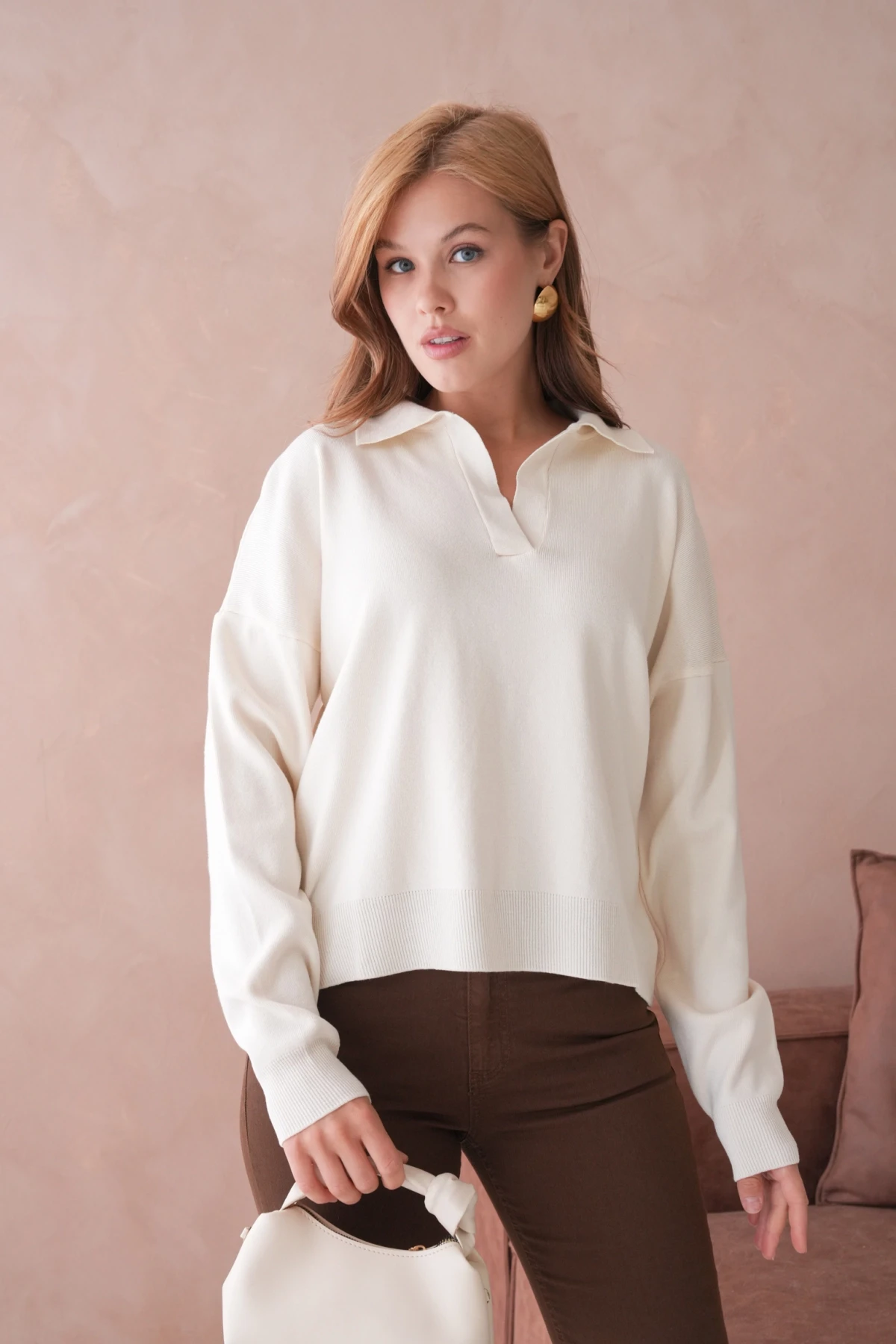 Kadın Polo Yaka Oversize Triko Kazak