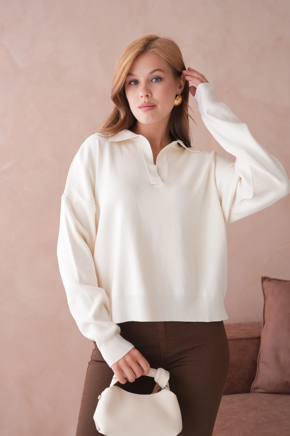 Kadın Polo Yaka Oversize Triko Kazak