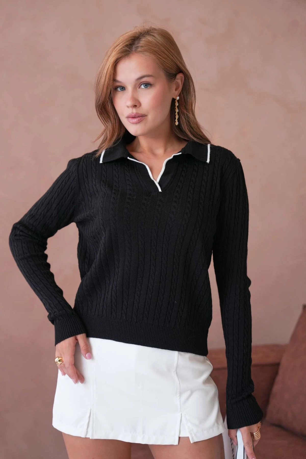 Kadın Polo Yaka Saç Örgü Triko Kazaak