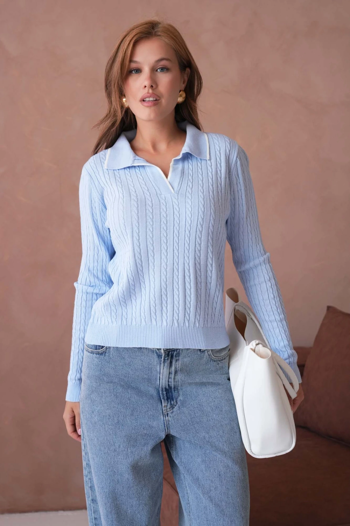 Kadın Polo Yaka Saç Örgü Triko Kazaak