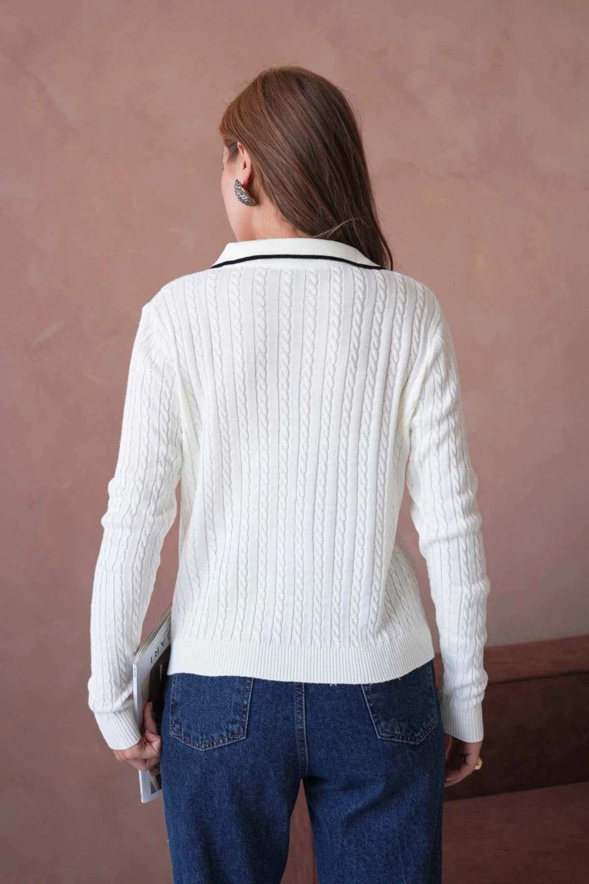 Kadın Polo Yaka Saç Örgü Triko Kazaak