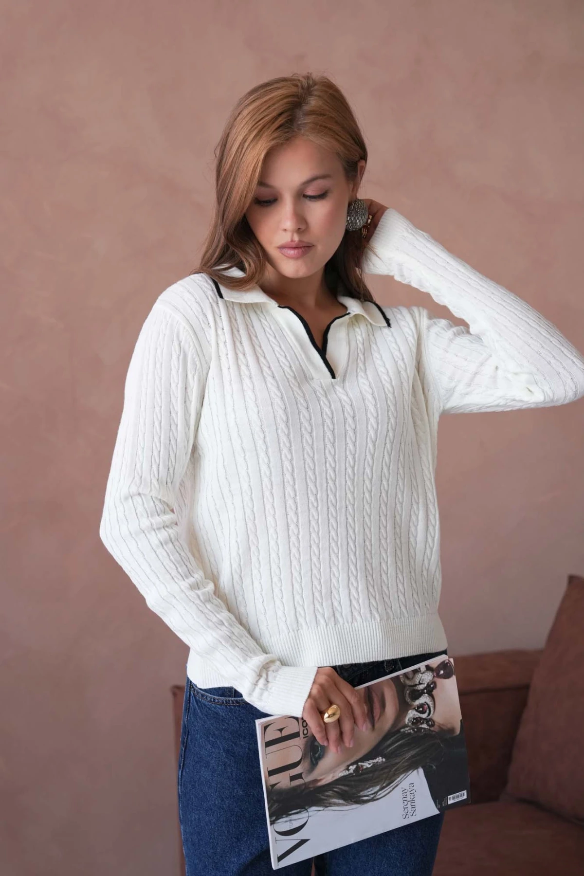 Kadın Polo Yaka Saç Örgü Triko Kazaak