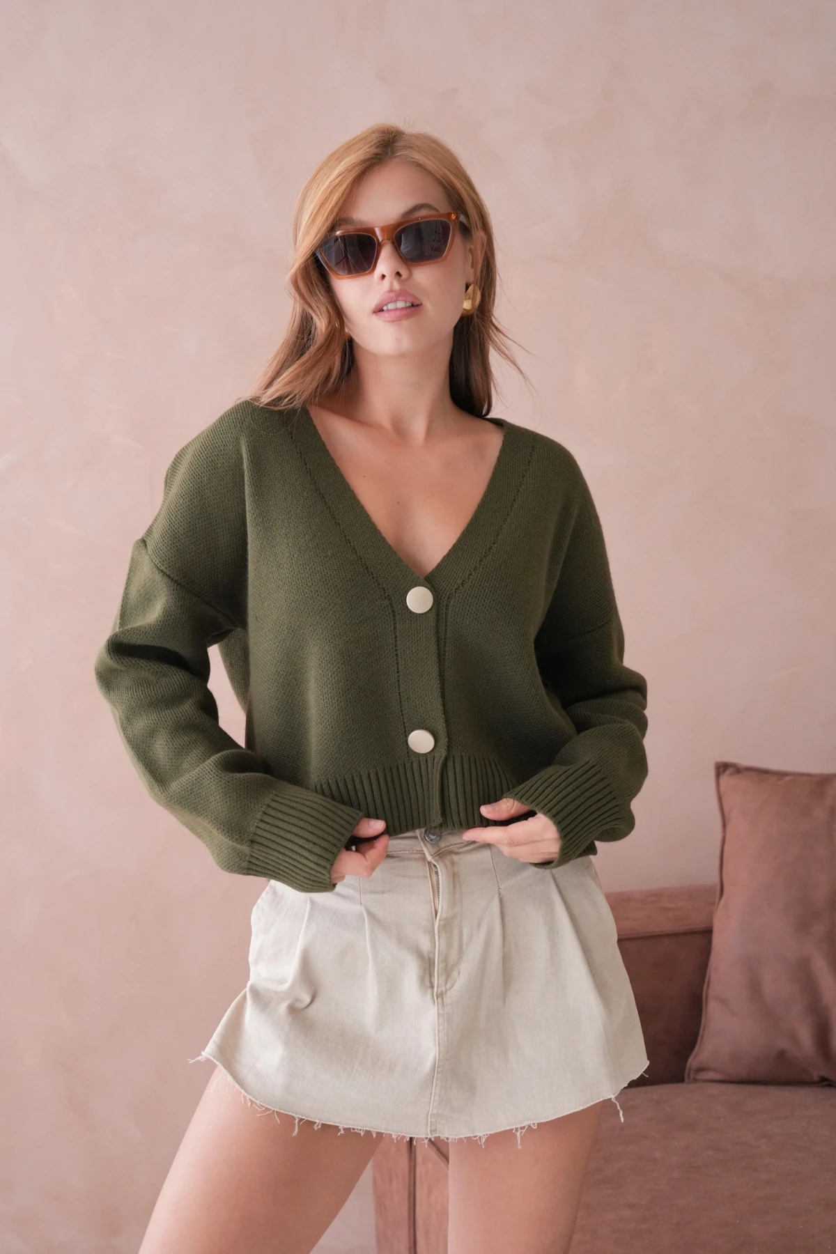 Kadın Polo Yakka Düğme Detay Oversize Triko Hırka