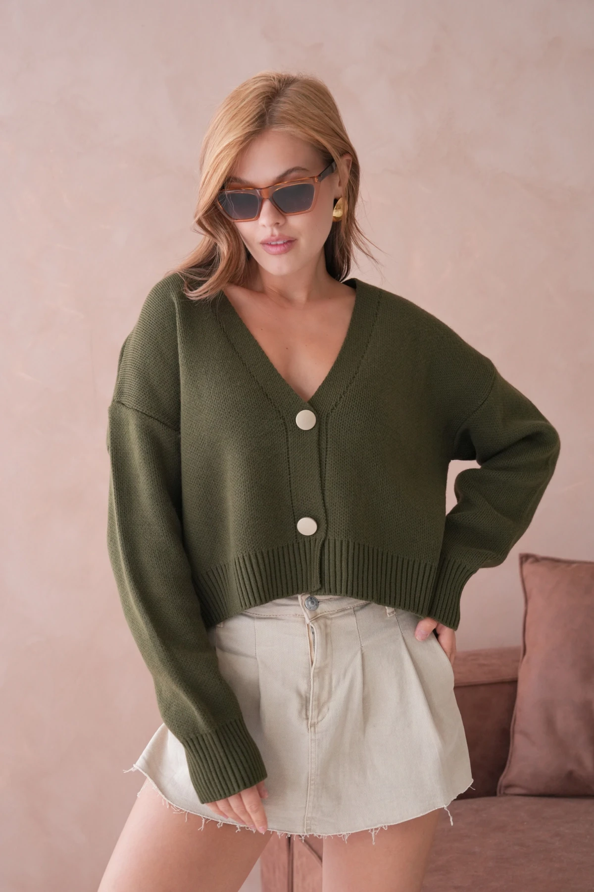 Kadın Polo Yakka Düğme Detay Oversize Triko Hırka