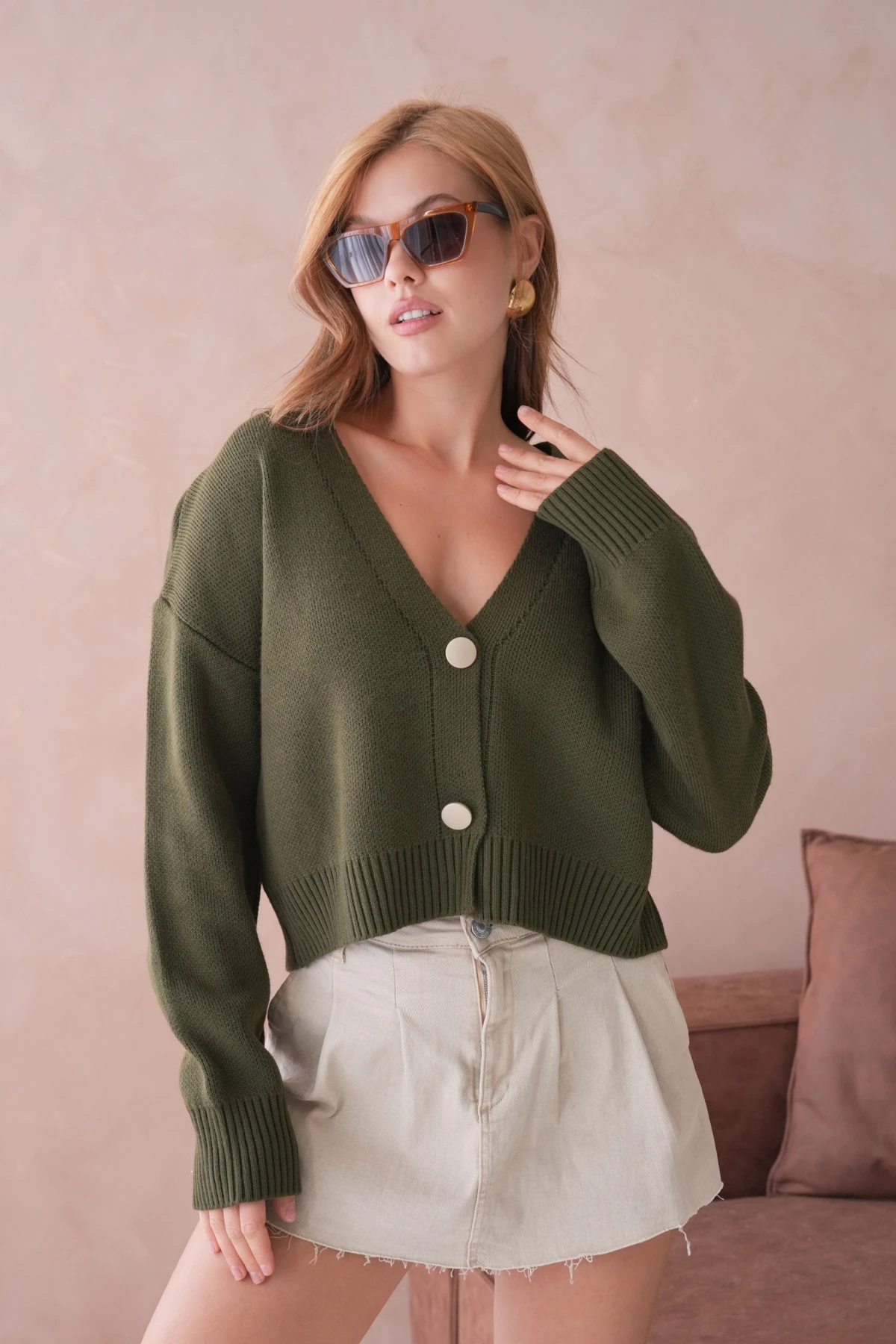 Kadın Polo Yakka Düğme Detay Oversize Triko Hırka