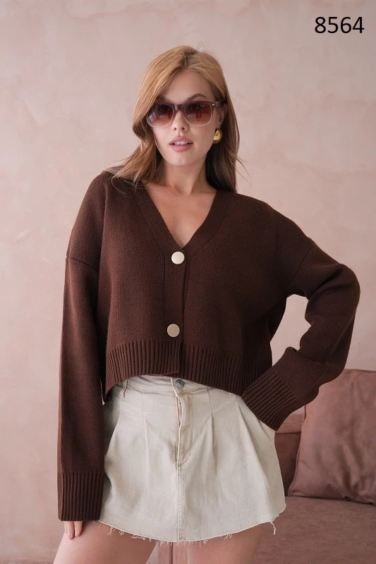 Kadın Polo Yakka Düğme Detay Oversize Triko Hırka