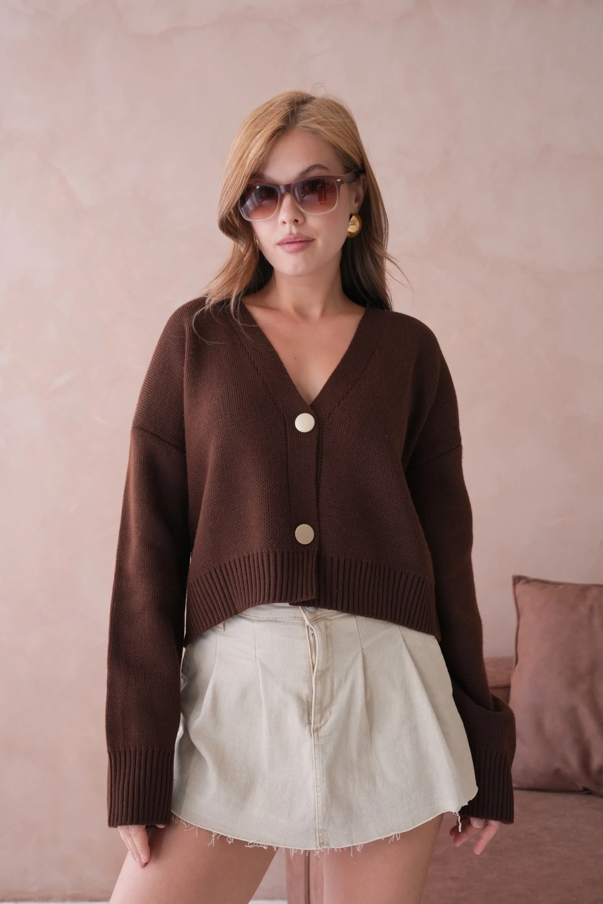 Kadın Polo Yakka Düğme Detay Oversize Triko Hırka