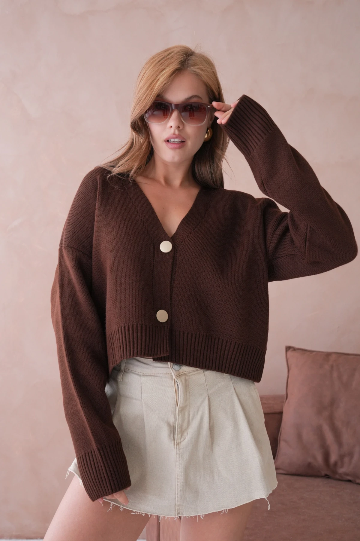 Kadın Polo Yakka Düğme Detay Oversize Triko Hırka