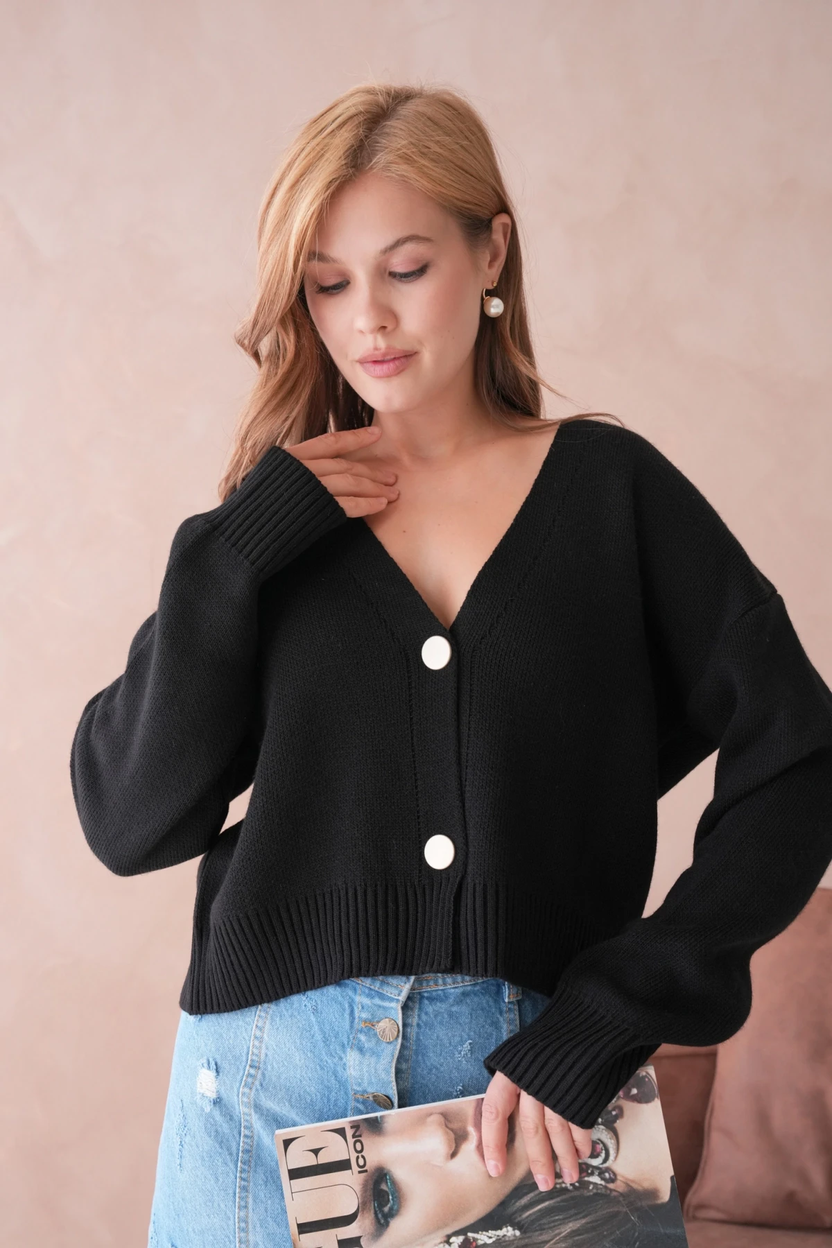 Kadın Polo Yakka Düğme Detay Oversize Triko Hırka