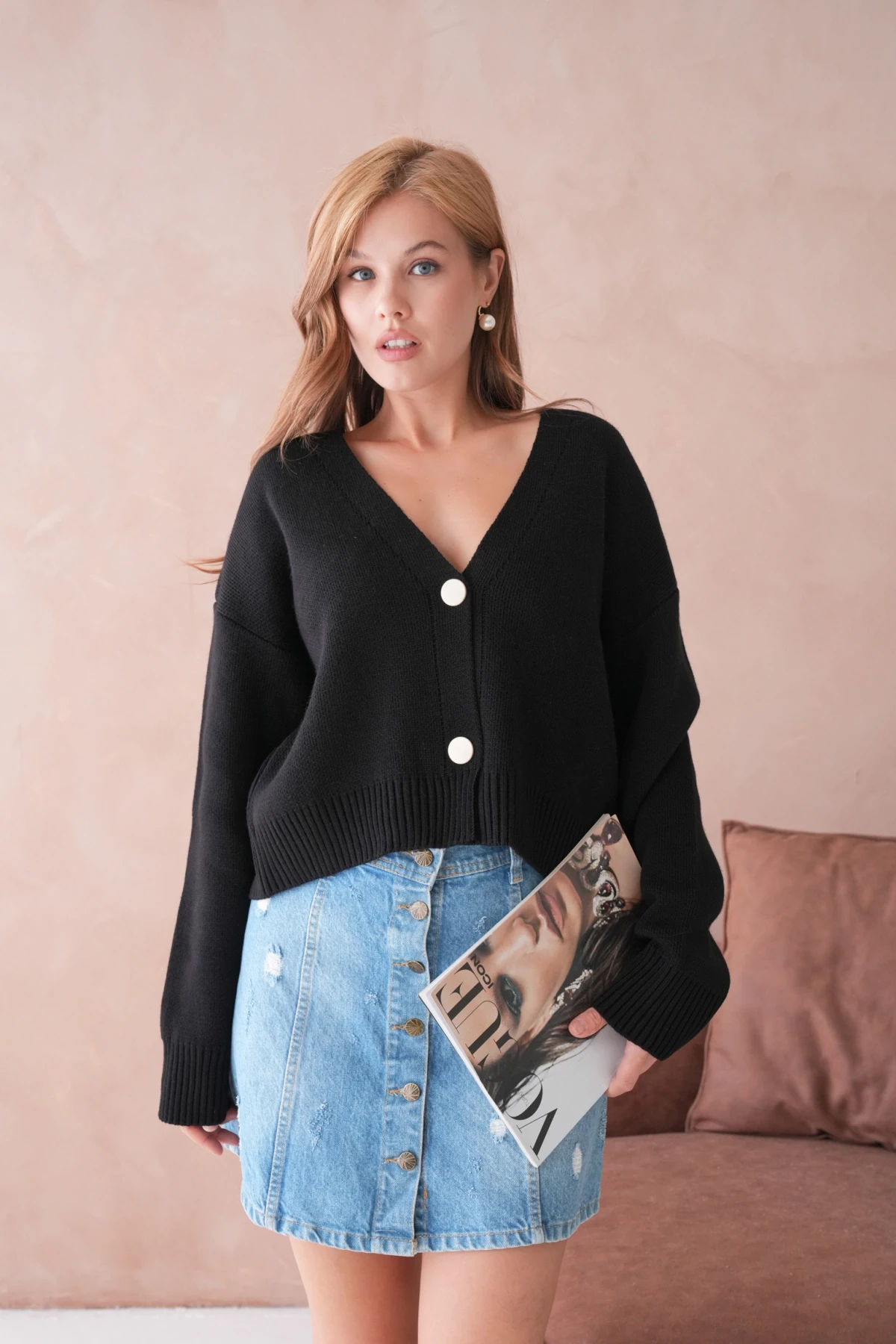 Kadın Polo Yakka Düğme Detay Oversize Triko Hırka