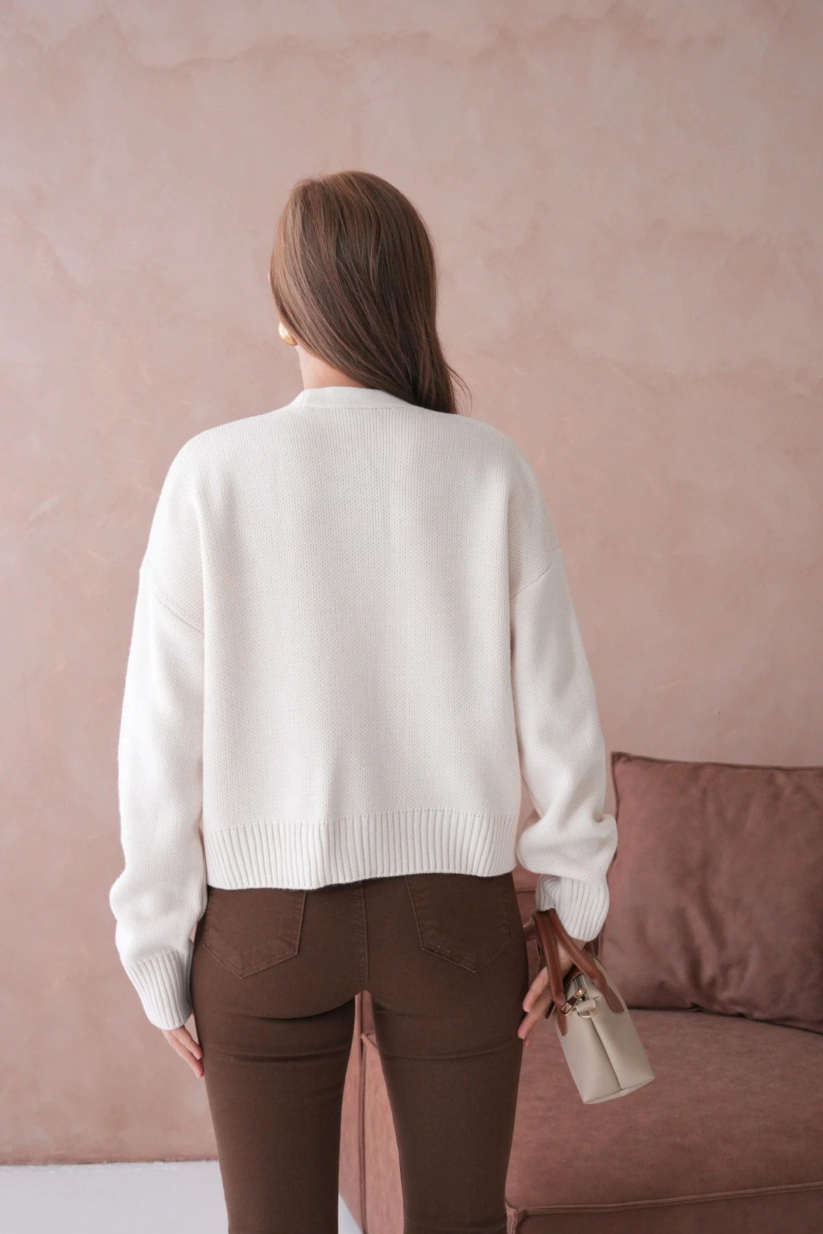 Kadın Polo Yakka Düğme Detay Oversize Triko Hırka