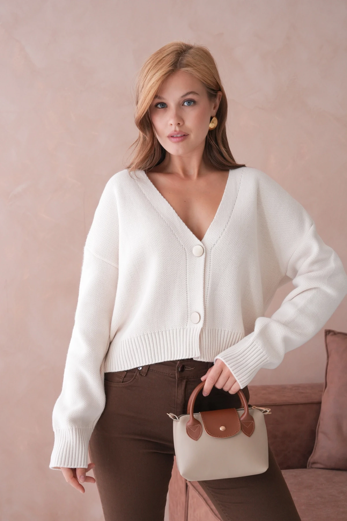 Kadın Polo Yakka Düğme Detay Oversize Triko Hırka