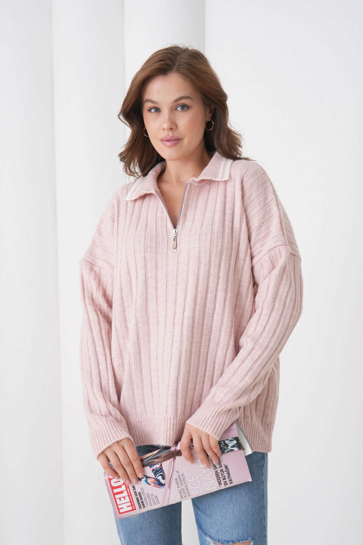 Kadın Pudra Polo Yaka Fermuarlı Oversize Triko Kazak