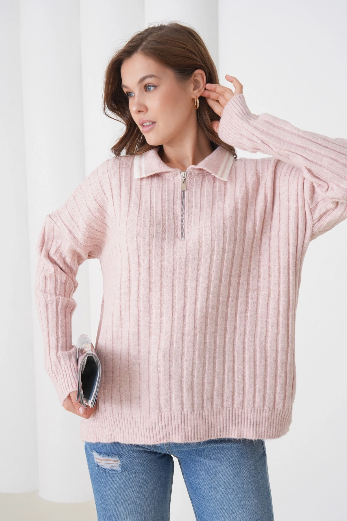 Kadın Pudra Polo Yaka Fermuarlı Oversize Triko Kazak