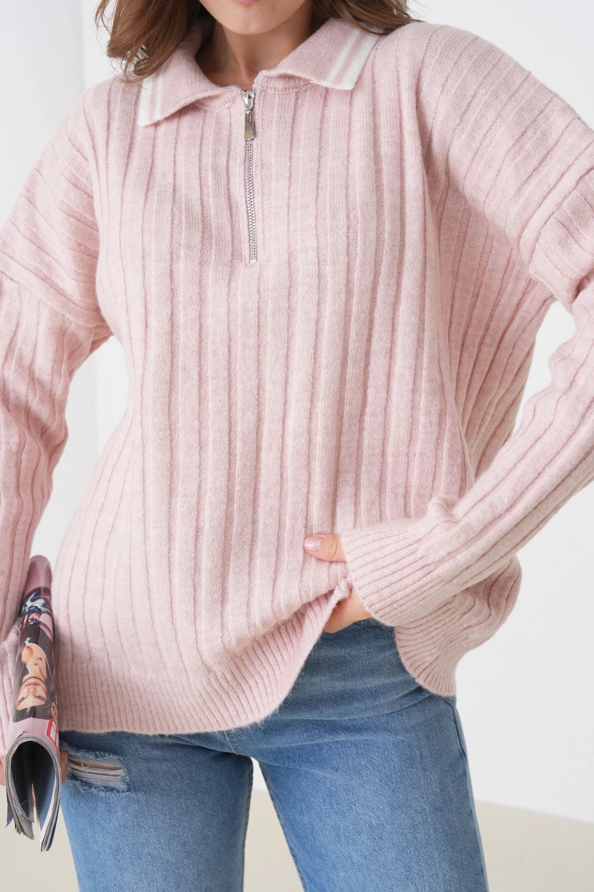 Kadın Pudra Polo Yaka Fermuarlı Oversize Triko Kazak