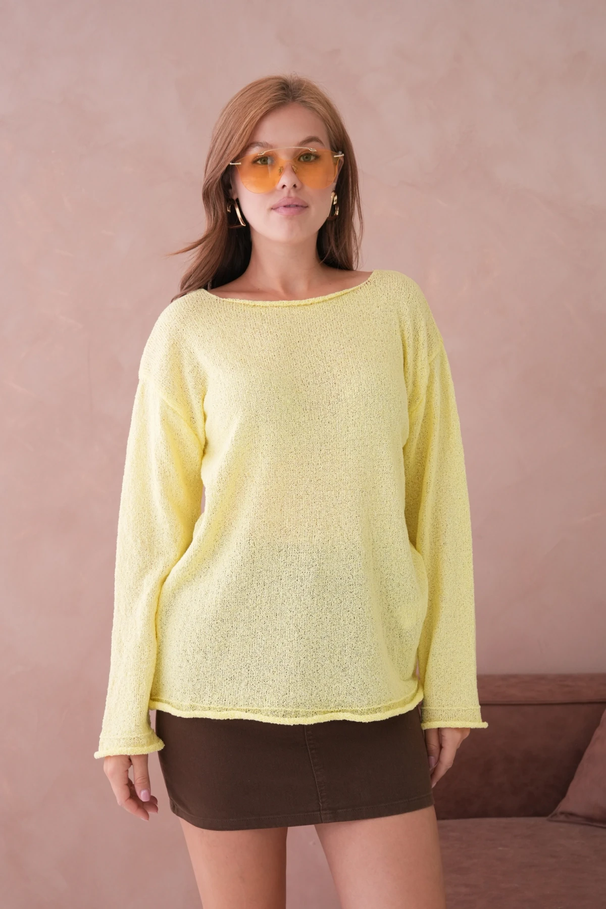 Kadın Sarı Basic Oversize Kayık Yaka Dokulu Triko Kazak