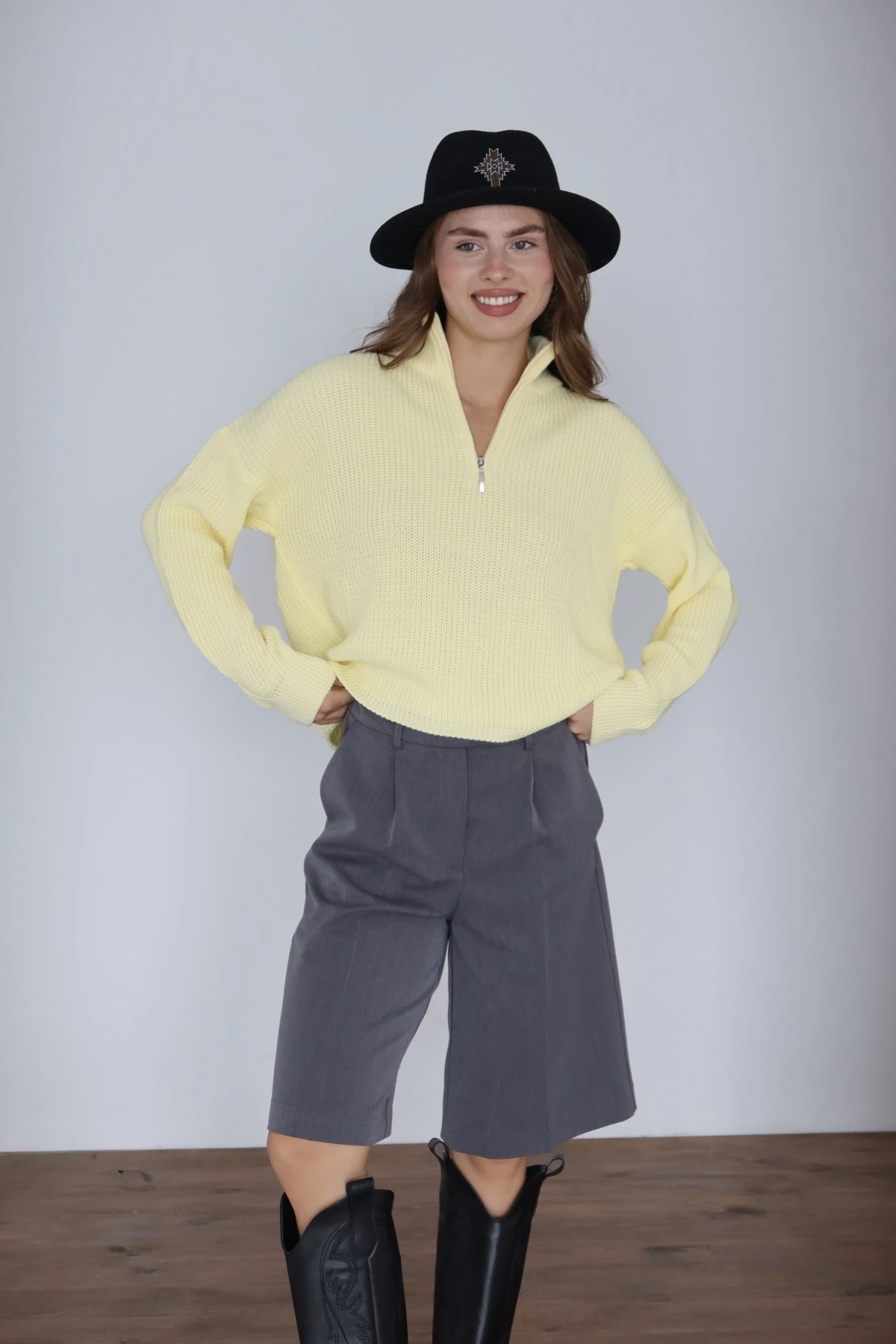 Kadın Sarı Oversize Fermuarlı Basic Triko Kazak