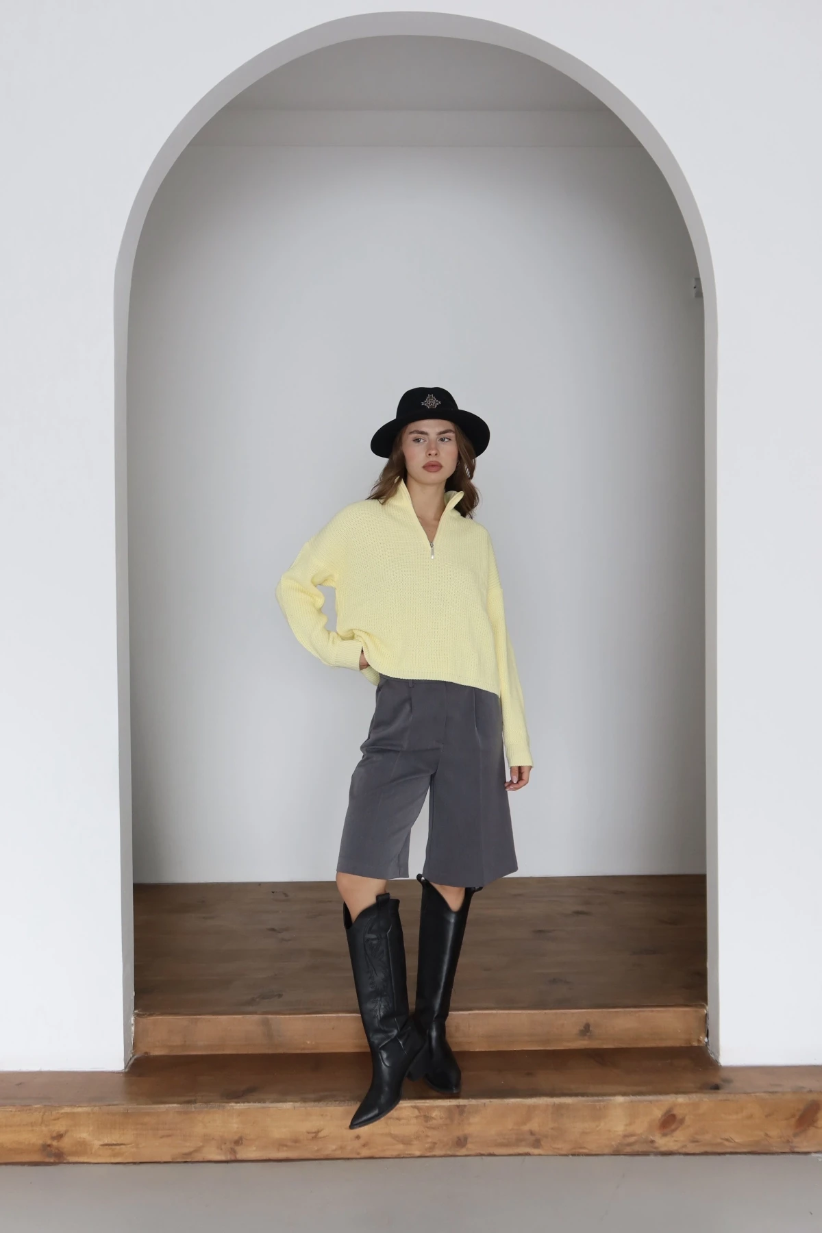 Kadın Sarı Oversize Fermuarlı Basic Triko Kazak