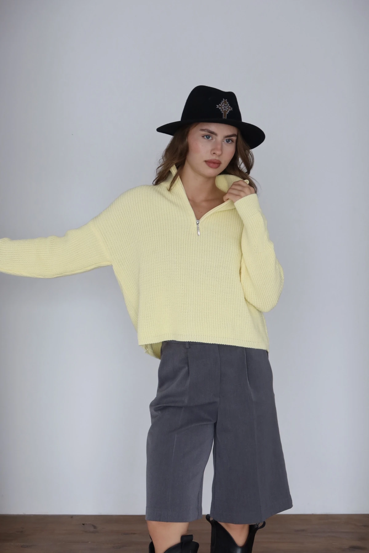 Kadın Sarı Oversize Fermuarlı Basic Triko Kazak