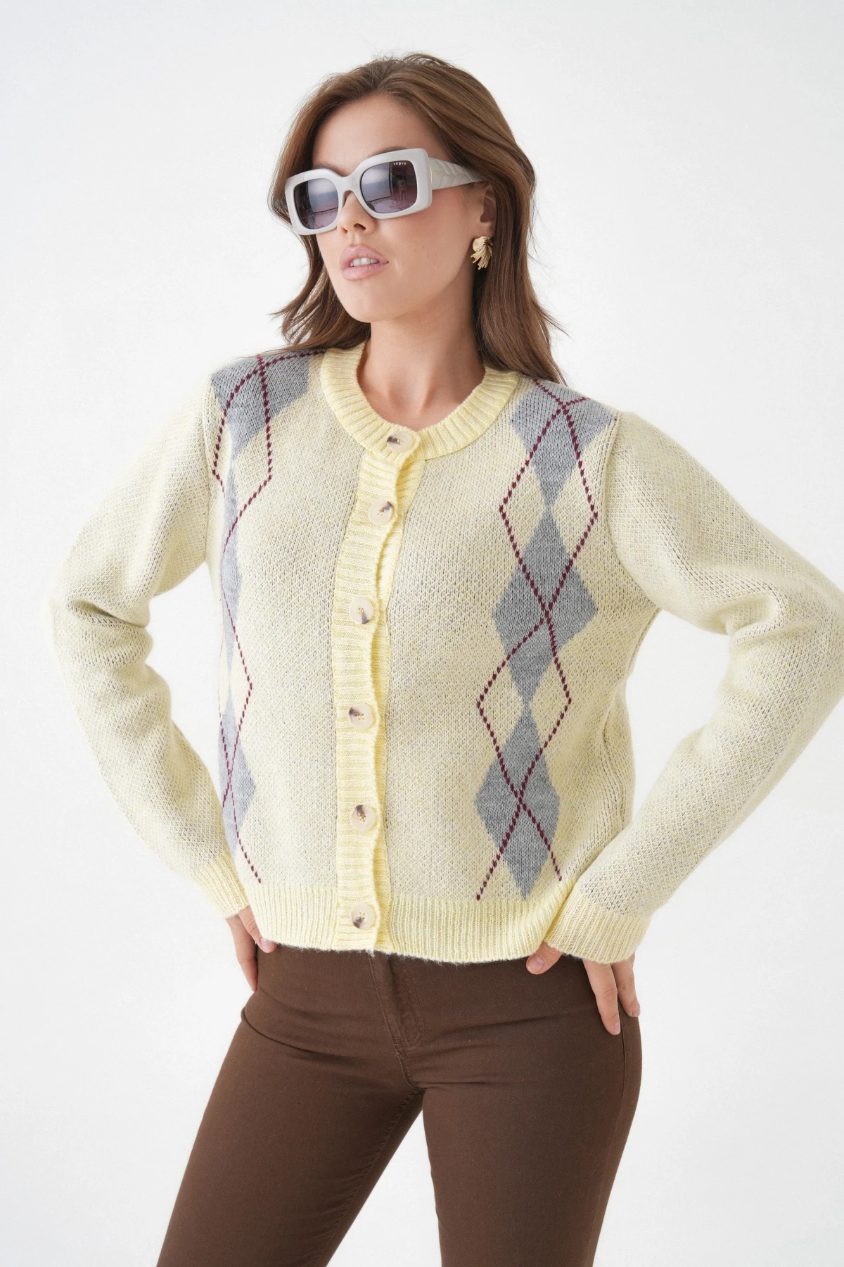 Kadın Sarı Bisiklet Yaka Düğme Detay Desenli Triko Hırka