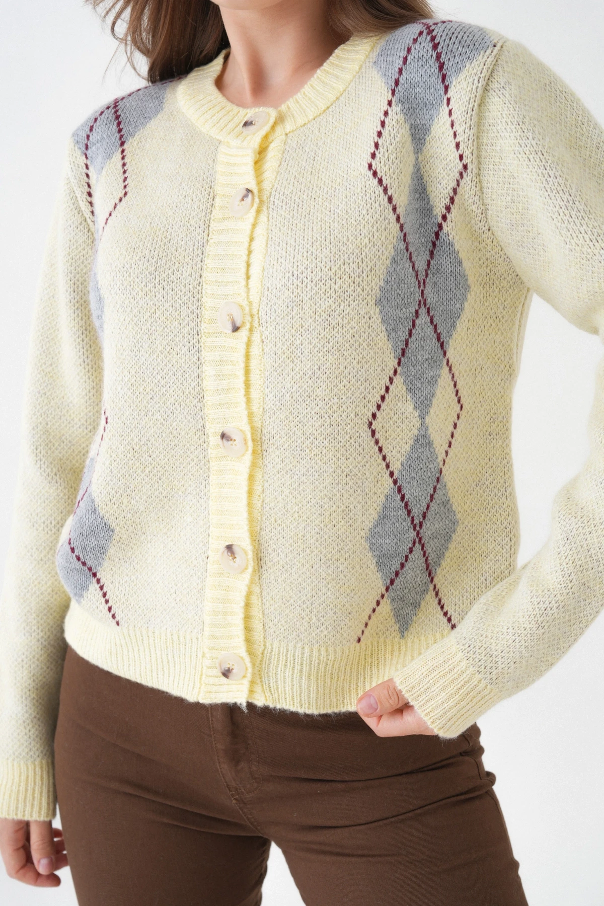 Kadın Sarı Bisiklet Yaka Düğme Detay Desenli Triko Hırka