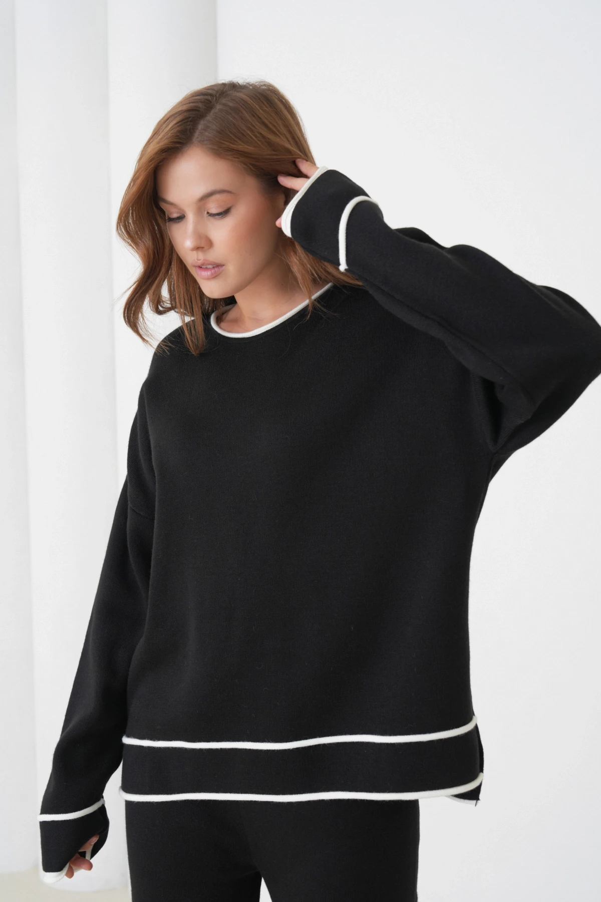 Kadın Siyah Bisiklet Yaka Oversize Kazak Pantolon Triko Alt-Üst Takım