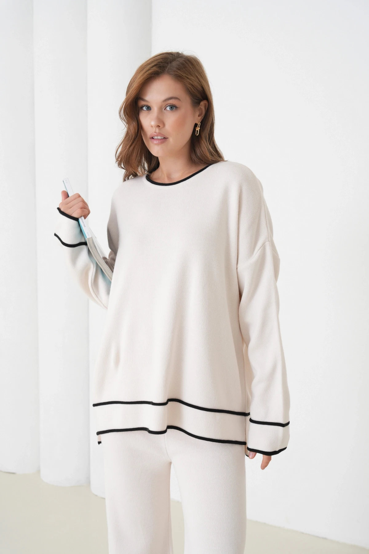 Kadın Bisiklet Yaka Oversize Kazak Pantolon Triko Alt-Üst Takım