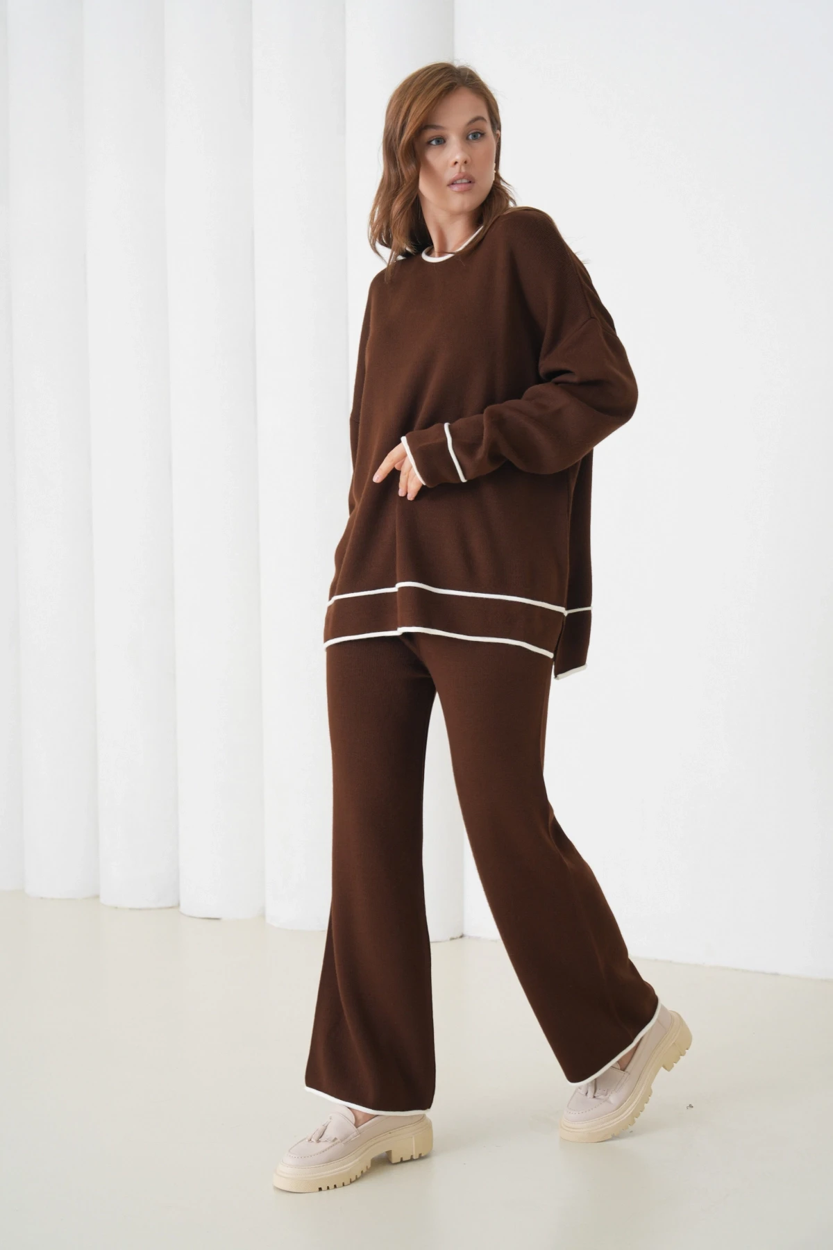 Kadın Bisiklet Yaka Oversize Kazak Pantolon Triko Alt-Üst Takım