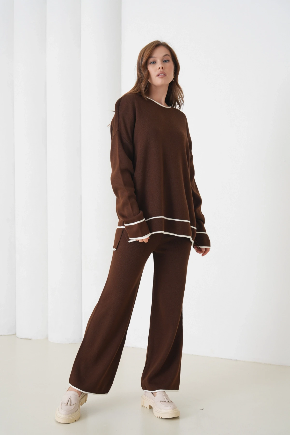 Kadın Bisiklet Yaka Oversize Kazak Pantolon Triko Alt-Üst Takım