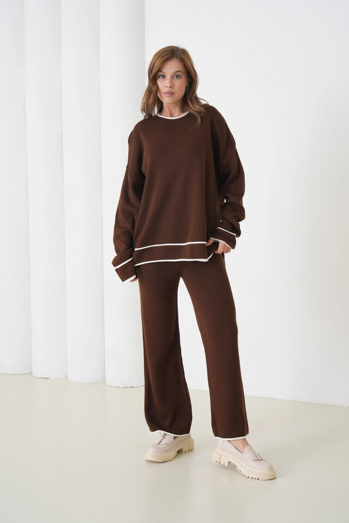 Kadın Bisiklet Yaka Oversize Kazak Pantolon Triko Alt-Üst Takım