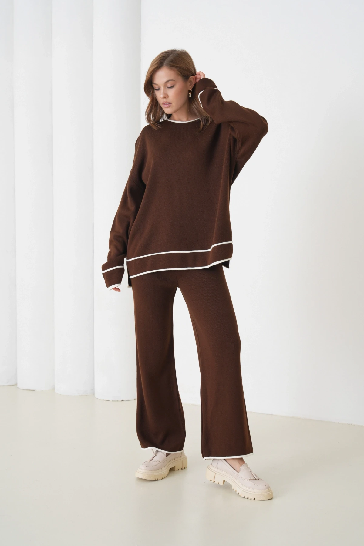 Kadın Bisiklet Yaka Oversize Kazak Pantolon Triko Alt-Üst Takım