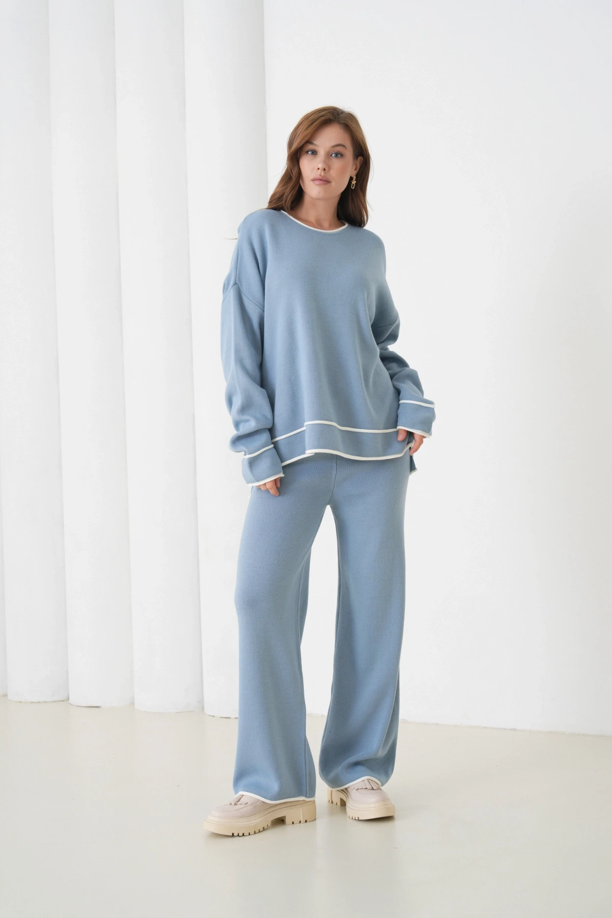 Kadın Bisiklet Yaka Oversize Kazak Pantolon Triko Alt-Üst Takım