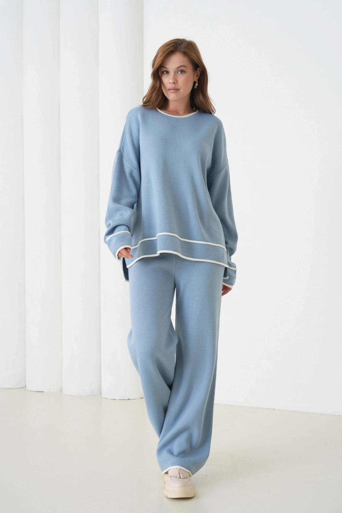 Kadın Bisiklet Yaka Oversize Kazak Pantolon Triko Alt-Üst Takım